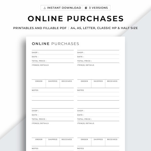 Online Purchases Tracker Printable, Order Tracker Template, Shopping List, Items to Buy, Spending sheet, A4/A5/Letter/Classic/Half Size