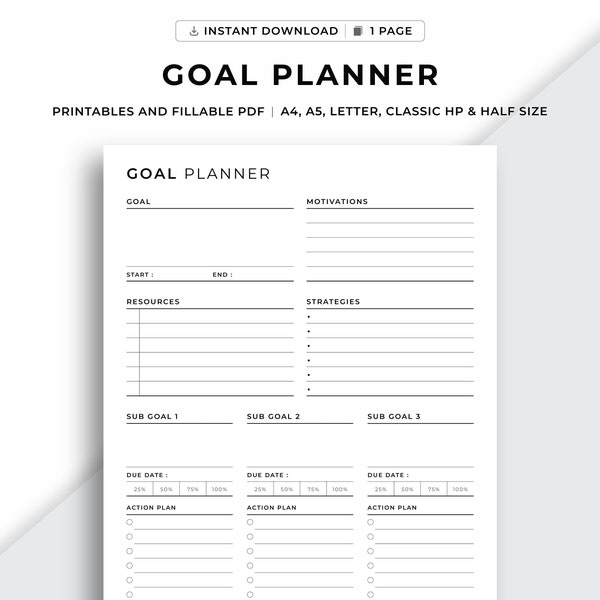 Goal Planner Printable, Goal setting, Goal Tracker, Productivity Planner, A4/A5/Letter/Classic HP/Half Size, Instant Download PDF