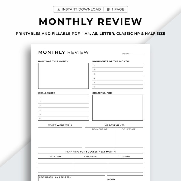 Monthly Review Printable, Monthly Reflection, Monthly Evaluation, Monthly Summary, Insert Template, A4/A5/Letter/Classic HP/Half Size