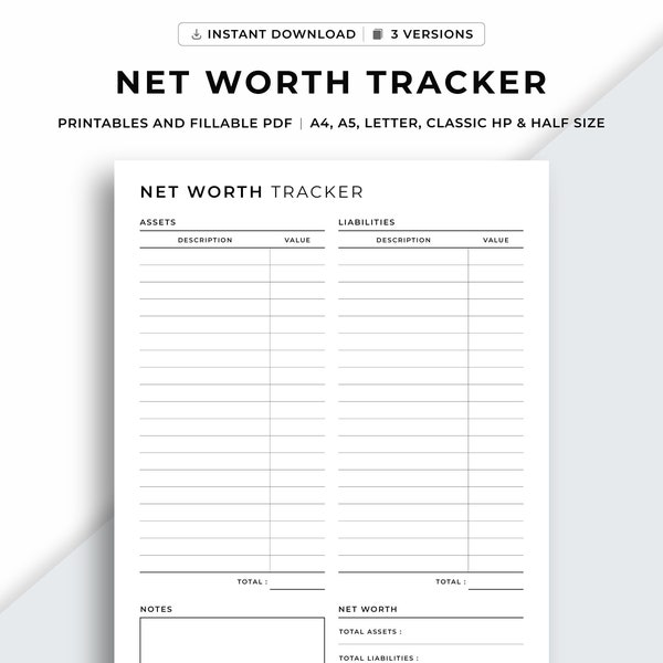 Net Worth Tracker, Net Worth Planner Printable, Net Worth Sheet, Asset and Liability Balance Sheet, Finance Planner, Personal Net Worth.