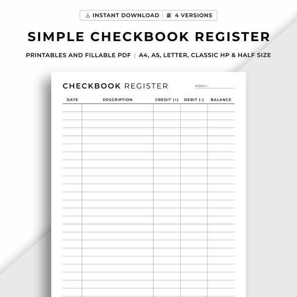 Checkbook Register Printable, Check Transaction Tracker, Checkbook Planner, Checkbook template, Checkbook Log, A4/A5/Letter/Classic/Half