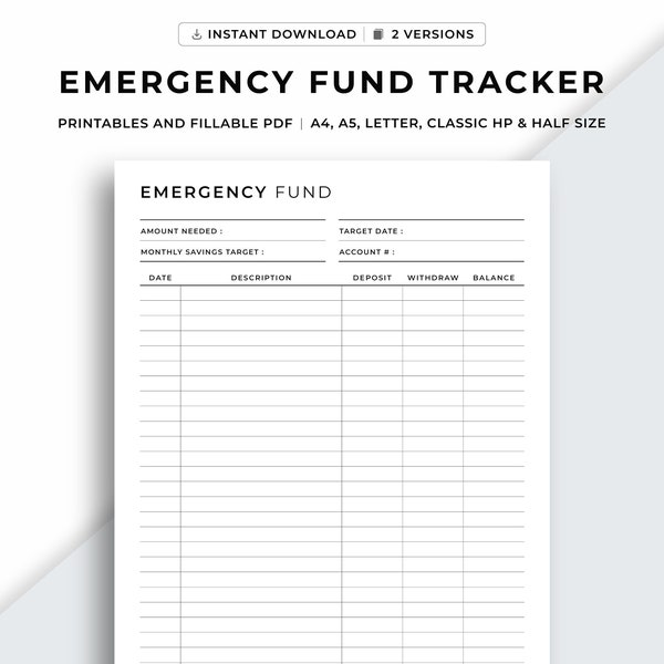 Emergency Fund Tracker Printable, Emergency Fund Challenge, Emergency Fund Savings, Emergency Savings Plan, Budget Planner, Savings Tracker