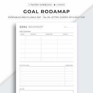 Ziel-Roadmap zum Ausdrucken, Ziel-Aktionsplan, vierteljährliche Projektzuordnung, Produktivitätsplaner, einfache PDF-Vorlage, A4/A5/Letter/Classic HP/Half