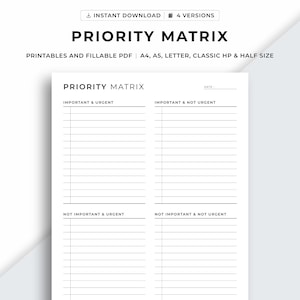 Matriz de prioridades imprimible, Matriz de decisiones, Matriz de Eisenhower, Planificador de mis prioridades, Organizador de tareas, A4/A5/Carta/HP clásico/Tamaño medio