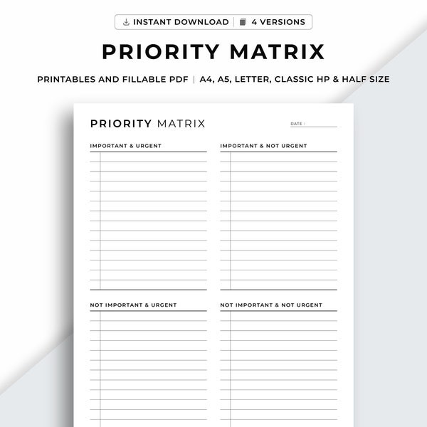Priority Matrix Printable, Decision Matrix, Eisenhower Matrix, My Priorities Planner, Task Organizer, A4/A5/Letter/Classic HP/Half Size