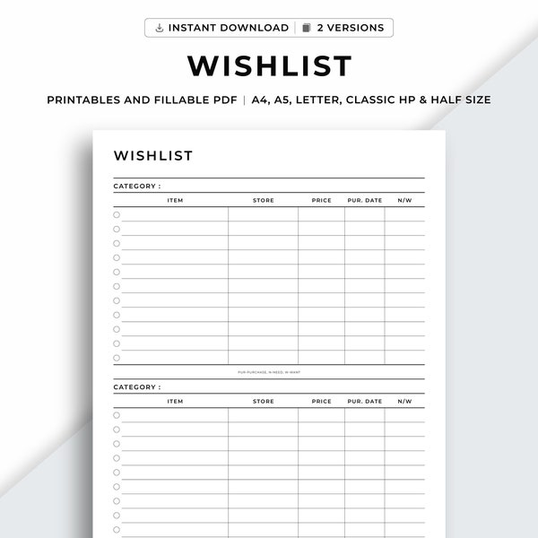 Wishlist Page Printable, Holiday Wishlist Template, Birthday Wishlist, Shopping Wish List, Wishlist sheet, A4/A5/Letter/Classic HP/Half Size