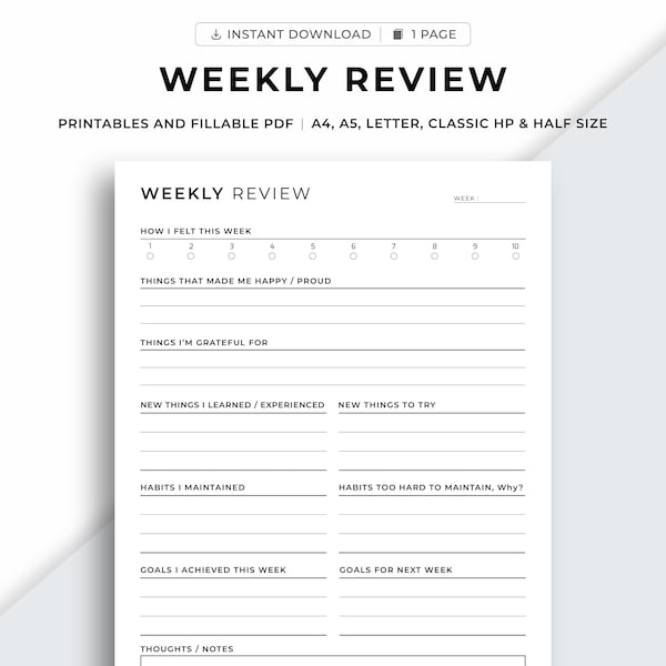 Weekly Review Printable, Weekly Reflection, Weekly Evaluation, Weekly Summary, Printable Insert Template, A4/A5/Letter/Classic HP/Half Size