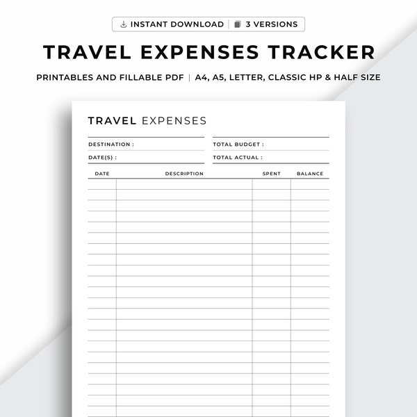 Simple Travel Expenses Tracker Printable, Vacation Spending Log, Daily Expenses Template, A4/A5/Letter/Classic/Half, Instant Download Pdf