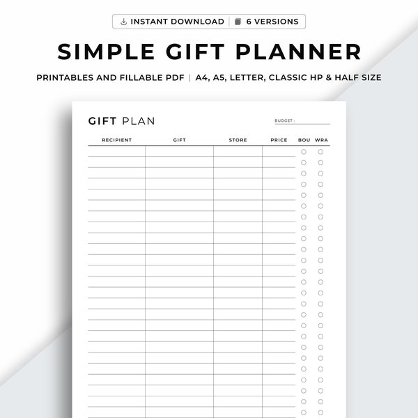 Simple Gift Planner Printable, Gift Tracker, Gift Ideas, Shopping List, Holiday Birthday Anniversary Gift, A4/A5/Letter/Classic HP/Half size