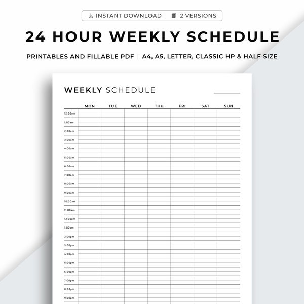 24 Hour Weekly Schedule Printable, Week at a Glance, Weekly Agenda, Weekly Planner Printable PDF, A5/A4/Letter/Classic HP/Half Size