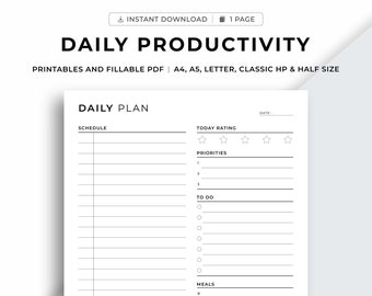 Daily Productivity Planner Printable, Daily Planner, Daily Schedule, Daily Agenda, To do List, Gratitude, A4/A5/Letter/Classic HP/Half Size