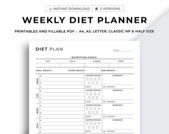 Wöchentlicher Diät-Planer zum Ausdrucken, Wochenplaner für Mahlzeiten, Gesundheits- und Fitness-Planer, Kalorien-Tracker, Ernährungsziele, A4 / A5 / Letter / Classic HP / Half