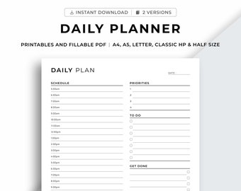 Printable Daily Planner, Daily Hourly, Daily Agenda, Productivity Planner, To Do list, Daily Schedule, A4/A5/Letter/Classic HP/Half size