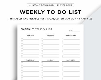 Weekly To Do list Printable, Weekly Task list, Weekly checklist, To do list Tracker, Weekly Planner, Minimal Template, Productivity Planner