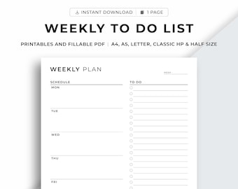 Weekly To Do List Printable, Minimalist Weekly Planner, Simple Weekly Agenda, Week at a Glance, Week on One Page, A4/A5/Letter/Classic/Half