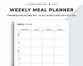 Weekly Meal Planner Printable, 7 Day Menu Planner, Meal Prep Planner, Food Planner, Diet, Health & Fitness,A4/A5/Letter/Classic HP/Half Size