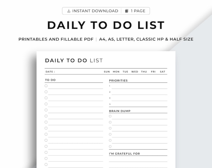 Printable Daily to Do List, Printable Daily Task List, Daily Checklist