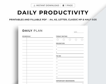 Daily Productivity Planner Printable, Daily Planner, Daily Schedule, Daily Agenda, To do List, Gratitude, A4/A5/Letter/Classic HP/Half Size