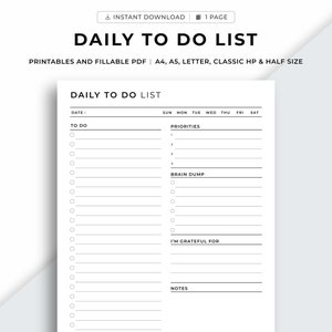 Printable Daily To Do List, Printable Daily Task List, Daily Checklist, Minimal Daily Planner, Daily Routine, Productive Day Plan, Fillable.