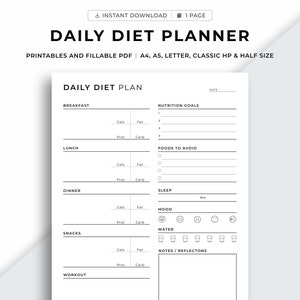 Planificateur de régime quotidien imprimable, planificateur de repas, journal alimentaire, modèle de menu, entraînement et suivi des calories, pdf à remplir, A4/A5/Letter/Classic/Half