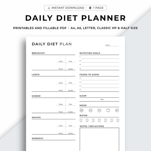 Daily Diet Planner Printable, Meal Planner, Food Diary, Menu Template, Workout & Calories Tracker, Fillable pdf, A4/A5/Letter/Classic/Half