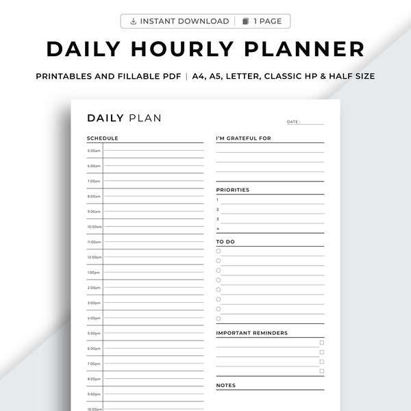 Printable Daily Hourly Planner, Daily Planner, Productivity Planner, Daily Agenda, To do list, Planner, A4/Letter/A5/Classic HP/Half Size