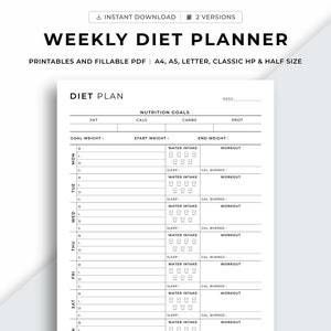 Weekly Diet Planner Printable, Weekly Meal Planner, Health & Fitness Planner, Calories Tracker, Nutrition Goals,A4/A5/Letter/Classic HP/Half