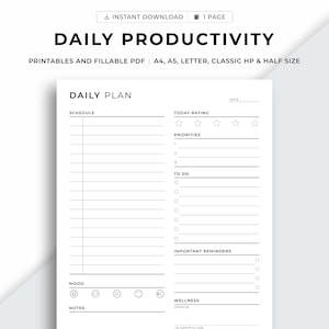 Daily Productivity Planner Printable, Daily Planner, Daily Schedule, Daily Agenda, To do List, Gratitude, A4/A5/Letter/Classic HP/Half Size