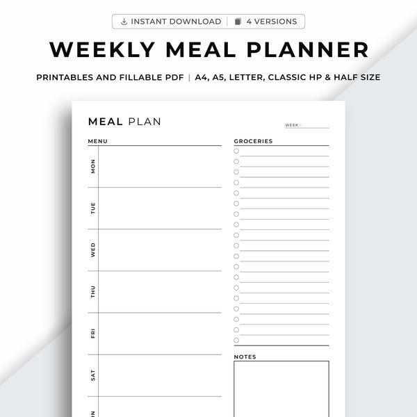 Weekly Meal Planner with Grocery List Printable Template, Food Diary, Meal Tracker, Food Journal, 7 Day Menu Plan, Diet, Health & Fitness.