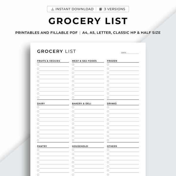 Grocery List Printable Template, Grocery Planner, Food Shopping List, A4/A5/Letter/Classic HP/Half Size, Instant Download PDF