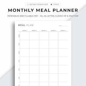 Planificateur de repas mensuel imprimable, planificateur de menus, planificateur alimentaire, régime, santé et forme physique, A4/A5/lettre/classique HP/demi-taille, téléchargement immédiat PDF