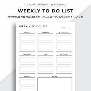 Weekly To Do list Printable, Weekly Task list, Weekly checklist, To do list Tracker, Weekly Planner, Minimal Template, Productivity Planner