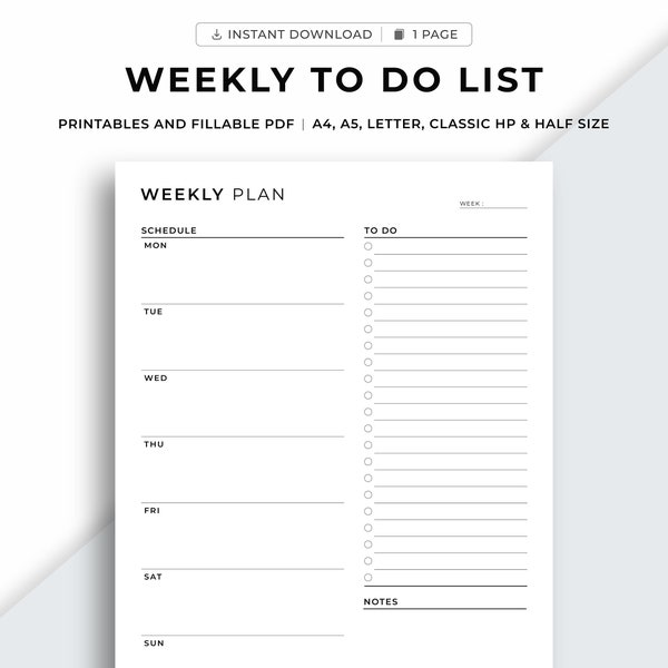 Weekly To Do List Printable, Minimalist Weekly Planner, Simple Weekly Agenda, Week at a Glance, Week on One Page, A4/A5/Letter/Classic/Half