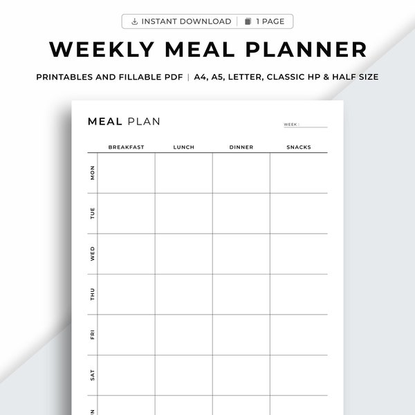 Weekly Meal Planner Printable, 7 Day Menu Planner, Meal Prep Planner, Food Planner, Diet, Health & Fitness,A4/A5/Letter/Classic HP/Half Size