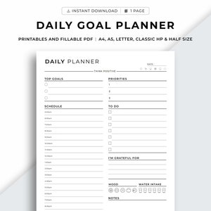 Printable Daily Goal Planner, Daily schedule , Daily Productivity, Daily Agenda, Minimalist Planner, A4/Letter/A5/Classic HP/Half Sizes