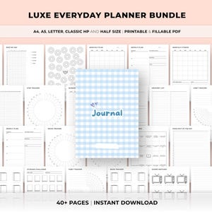 Puede incluir: Un paquete de planificador digital con p&aacute;ginas imprimibles para planificar y hacer un seguimiento. La portada del diario es azul claro con un patr&oacute;n de cuadros y la palabra "Journal". El texto en la parte superior dice "LUXE EVERYDAY PLANNER BUNDLE".