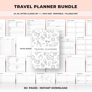 Puede incluir: Un paquete de planificador de viajes con varias páginas PDF imprimibles y rellenables. Las páginas incluyen itinerarios de viaje, listas de embalaje y rastreadores de presupuesto. La portada presenta garabatos con temas de viajes. El texto en la imagen dice "TRAVEL PLANNER BUNDLE" y "35+ PAGES | INSTANT DOWNLOAD".