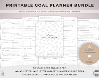 Printable Goal planner bundle, Daily, Weekly, Monthly, Quarterly, Yearly Goals, SMART Goal, New Year Resolution, Reflections, Vision board