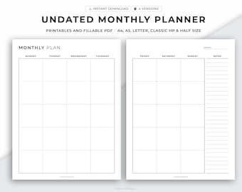 Undated Monthly Planner Printable, Month on Two Pages, Month At a Glance, Monthly Calendar Inserts, A4/A5/Letter/Classic HP/Half size