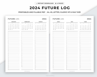 2024 Future Log, Jahresplaner, Jahresübersicht, Quartalskalender, Jahr auf einen Blick, druckbare & befüllbare Pdf, A4/A5/Letter/Classic/Half