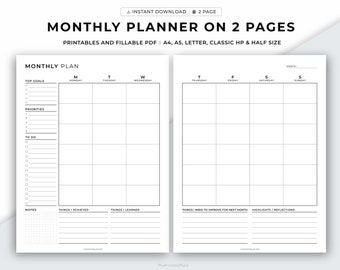 Monthly planner on Two pages printable, Undated Monthly Planner, Monthly Overview, To do List, Month Reflection,A4/A5/Letter/Classic HP/Half