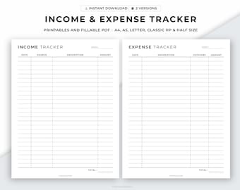 Inkomstentracker afdrukbaar, uitgaventracker afdrukbaar, geldtrackersjabloon, maandelijkse financiën, uitgaventracker, A4/A5/letter/klassiek/half