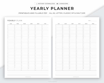 Yearly Planner Printable, Annual Planner, Yearly Overview, Year at a Glance, Yearly Agenda, 12 Month, A4/A5/Classic HP/Letter/Half, Fillable