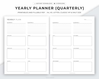 Yearly Planner Printable, Quarterly Goals, Annual Overview, Tasks & Reminders, Productivity Planner, A4/A5/Letter/Classic/Half, Fillable Pdf