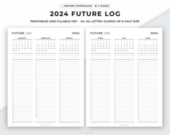Toekomstlogboek 2024, Jaarplanner, Jaaroverzicht, Kwartaalkalender, Jaar in één oogopslag, Afdrukbare en invulbare pdf, A4/A5/Letter/Klassiek/Half