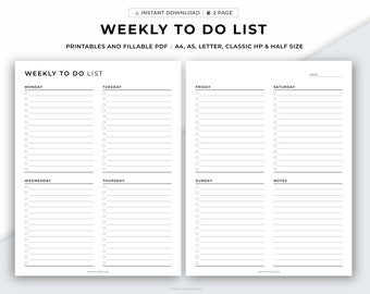 Weekly To Do list 2 Pages Printable, Weekly Task list, Weekly checklist, Weekly Planner, Productivity Planner, Minimal Template,Todo Tracker