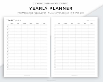 Yearly Planner, Annual Planner, Printable Yearly, Year Planner, Yearly Overview, Year at a Glance, Yearly Agenda, 12 Month, Instant Download