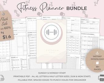 Printable Health and Fitness Planner Bundle, Fitness Journal, Diet, Workout Trackers, Meal planner, A4, A5, Letter & Half Sizes