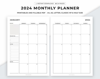 Planificateur mensuel daté 2024 sur deux pages, organisateur mensuel, agenda mensuel, mois en un coup d'œil, productivité, A4/A5/Letter/Classic HP/Half