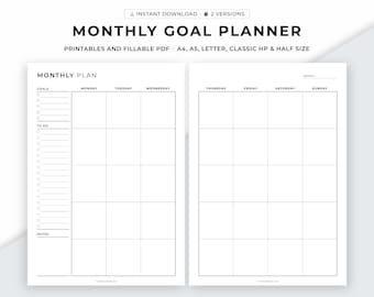 Planificateur d’objectifs mensuels imprimable, Planificateur mensuel, Planificateur de productivité, Agenda mensuel, Aperçu mensuel, A4/A5/Lettre/Classique HP/Demi-taille.